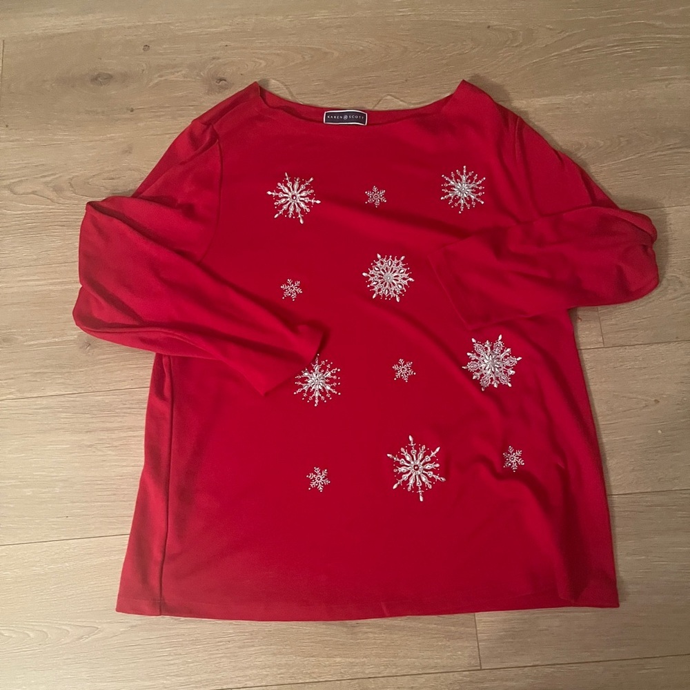 Red Sweater with Snowflake Embellishments